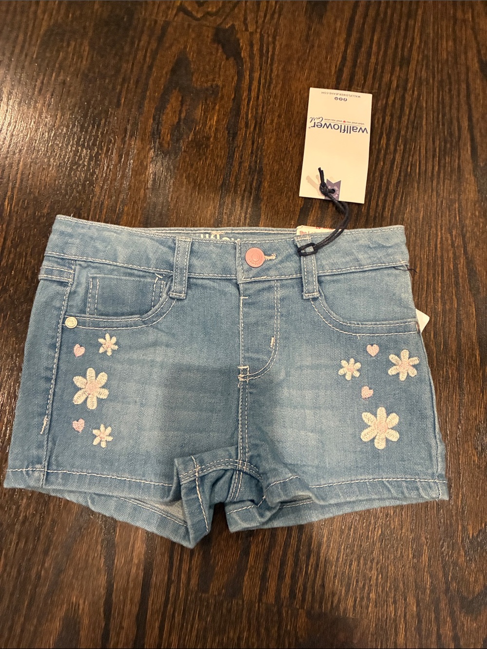 Wallflower Light Blue Denim Girls' Shorts with Pink & Cream Flower Embroidery